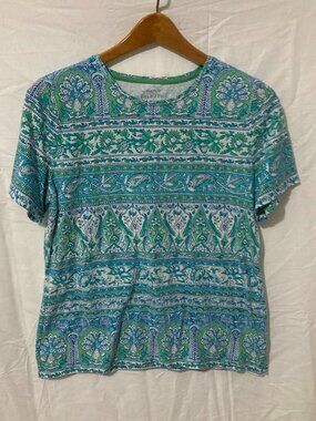 Talbot T Women L Green Blue Motif Pattern Print Cotton Summer Vacation Boho